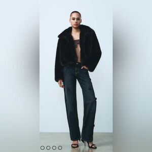 Zara Faux Fur High Collar Soft Mob Wife Long Sleeve Cropped Hidden Pockets Coat